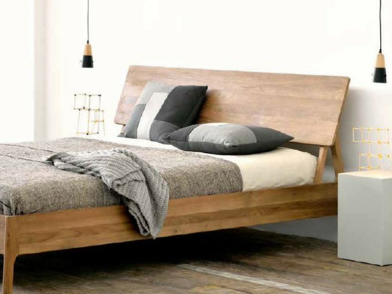 'Air' Ethnicraft bed frame made from wood, featuring a slatted headboard and footboard.