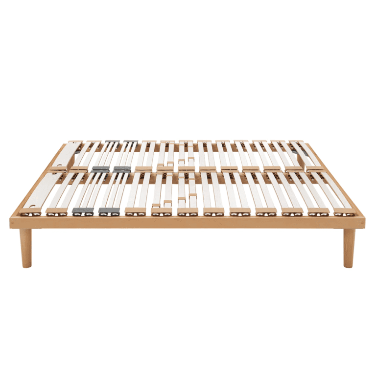 Ergonomic slatted bed base crafted from European beech wood, featuring curved slats and adjustable lumbar sliders.