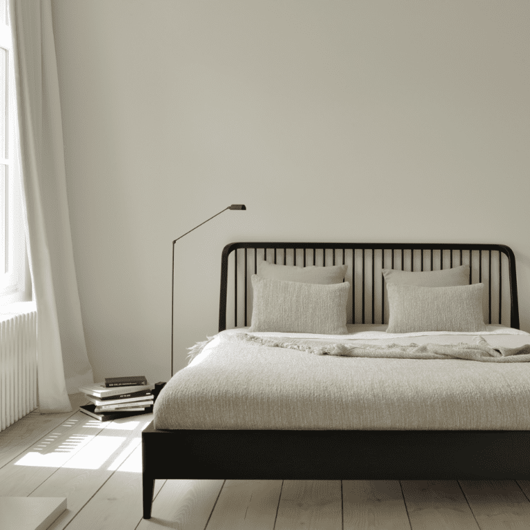 Minimalist Ethnicraft bed frame with open slat headboard and footboard, adding a touch of Scandinavian design to a contemporary bedroom.