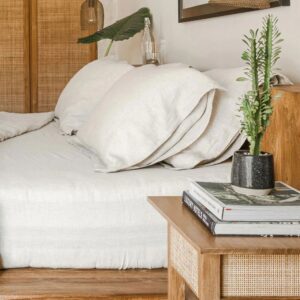 Linen Fitted Sheet Set resting on a wooden bed