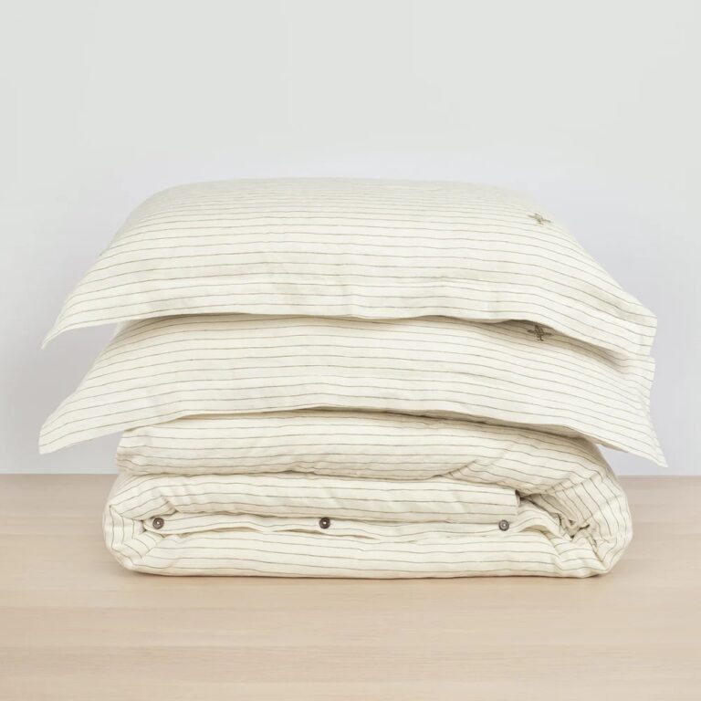 Full Linen Duvet Cover Set in Olive Stripe